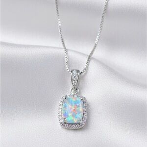 3Ct Cushion Cut Fire Opal Diamond Halo Pendant 18" Necklace 14K sterling silver